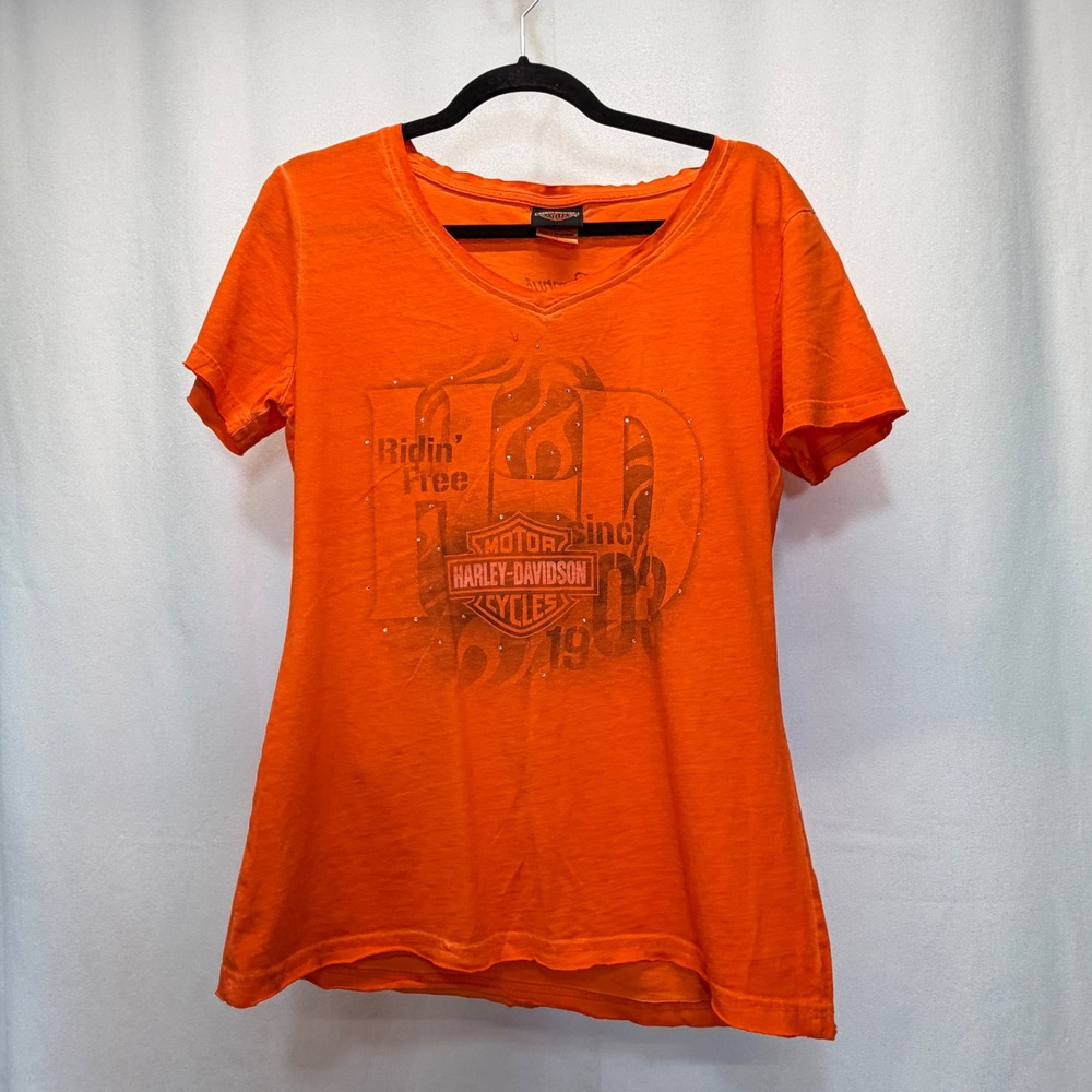 Harley-Davidson T-Shirt Women Large‎ Orange Rhinestone Biker Jackson TN Tee